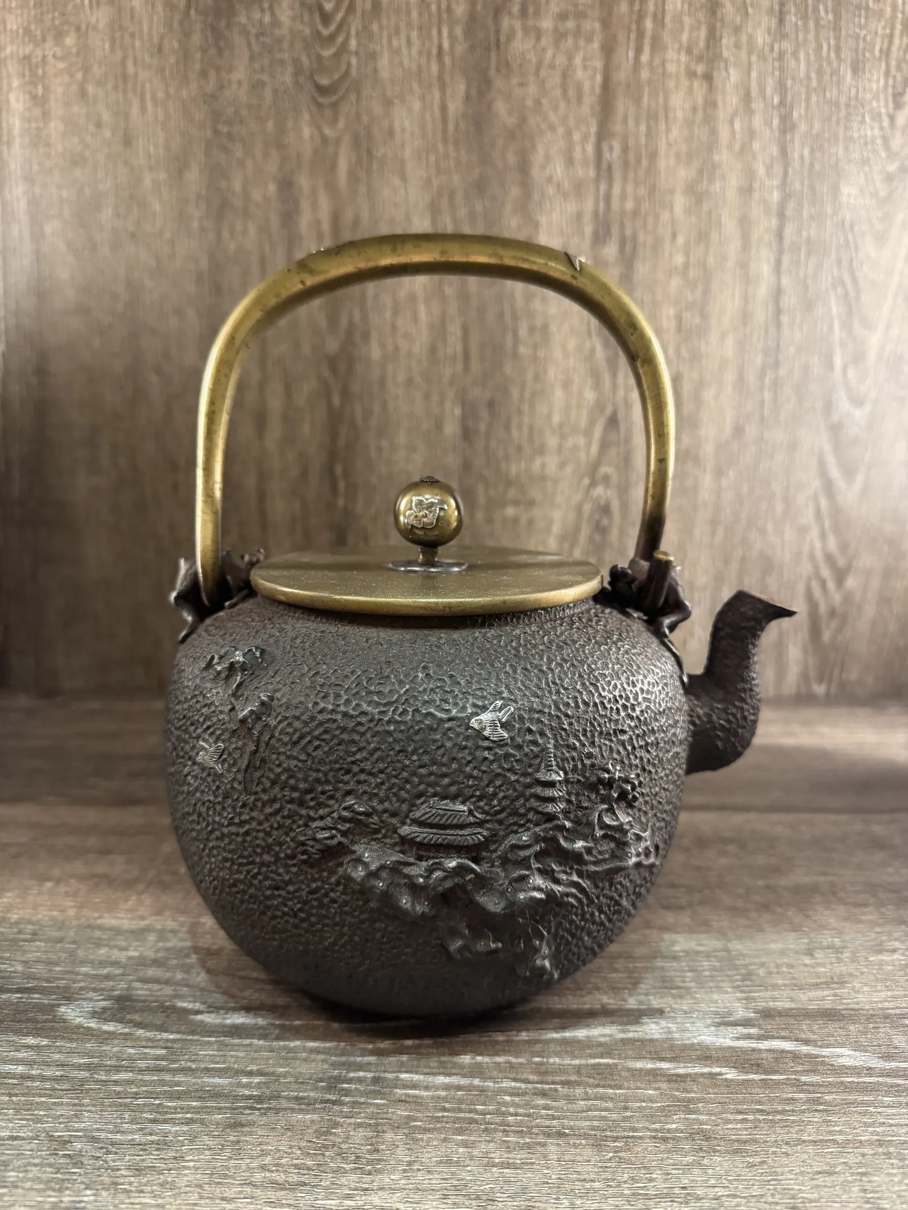 龜文堂 波千鳥嵌銀 老鐵瓶