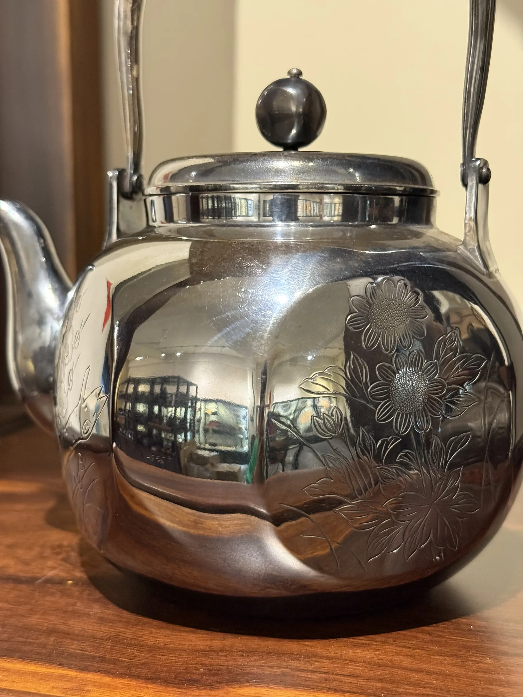 大正時期 長治齋作 八角形雕花純銀湯沸