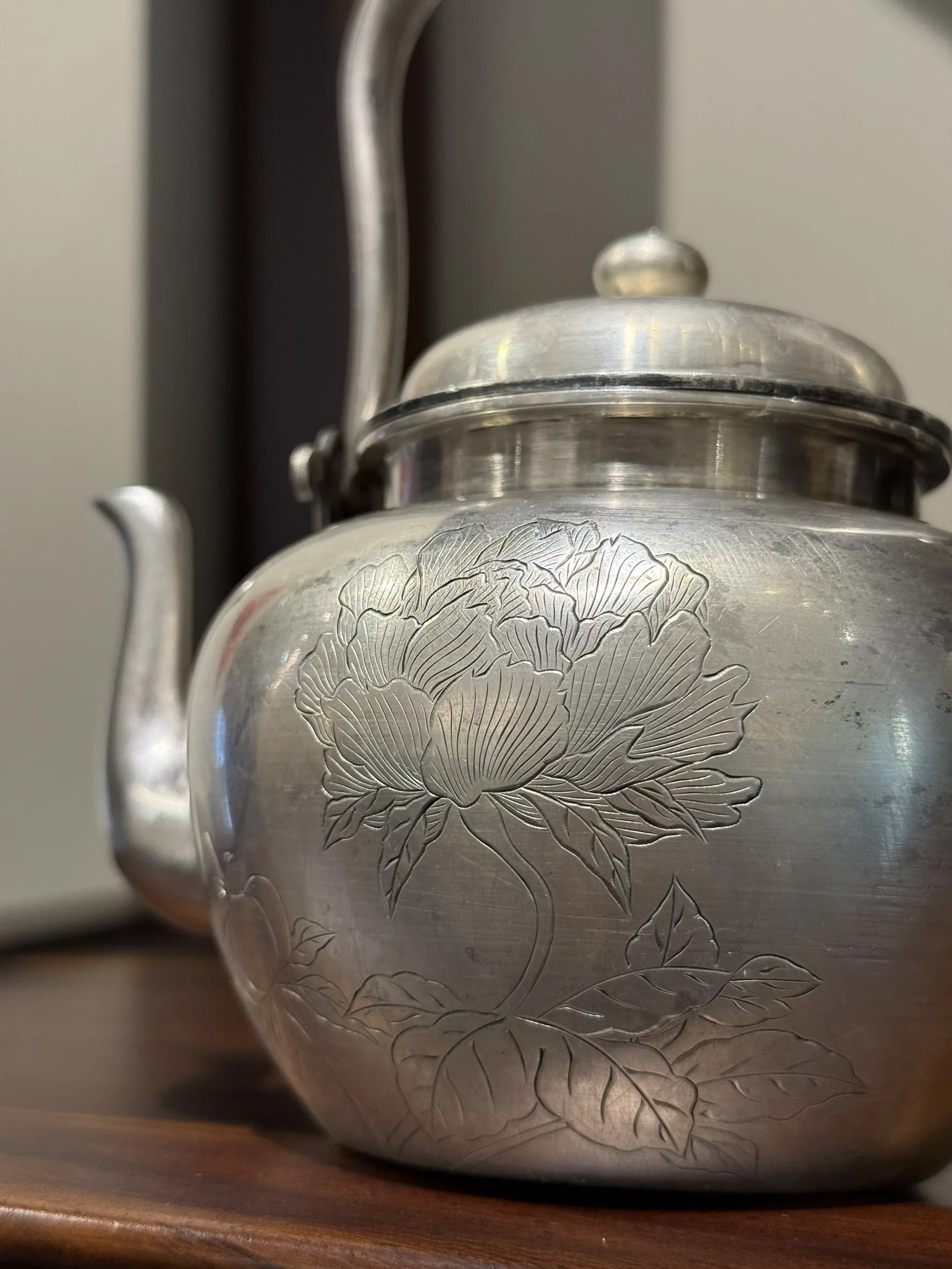 明治時期 花草彫純銀小湯沸