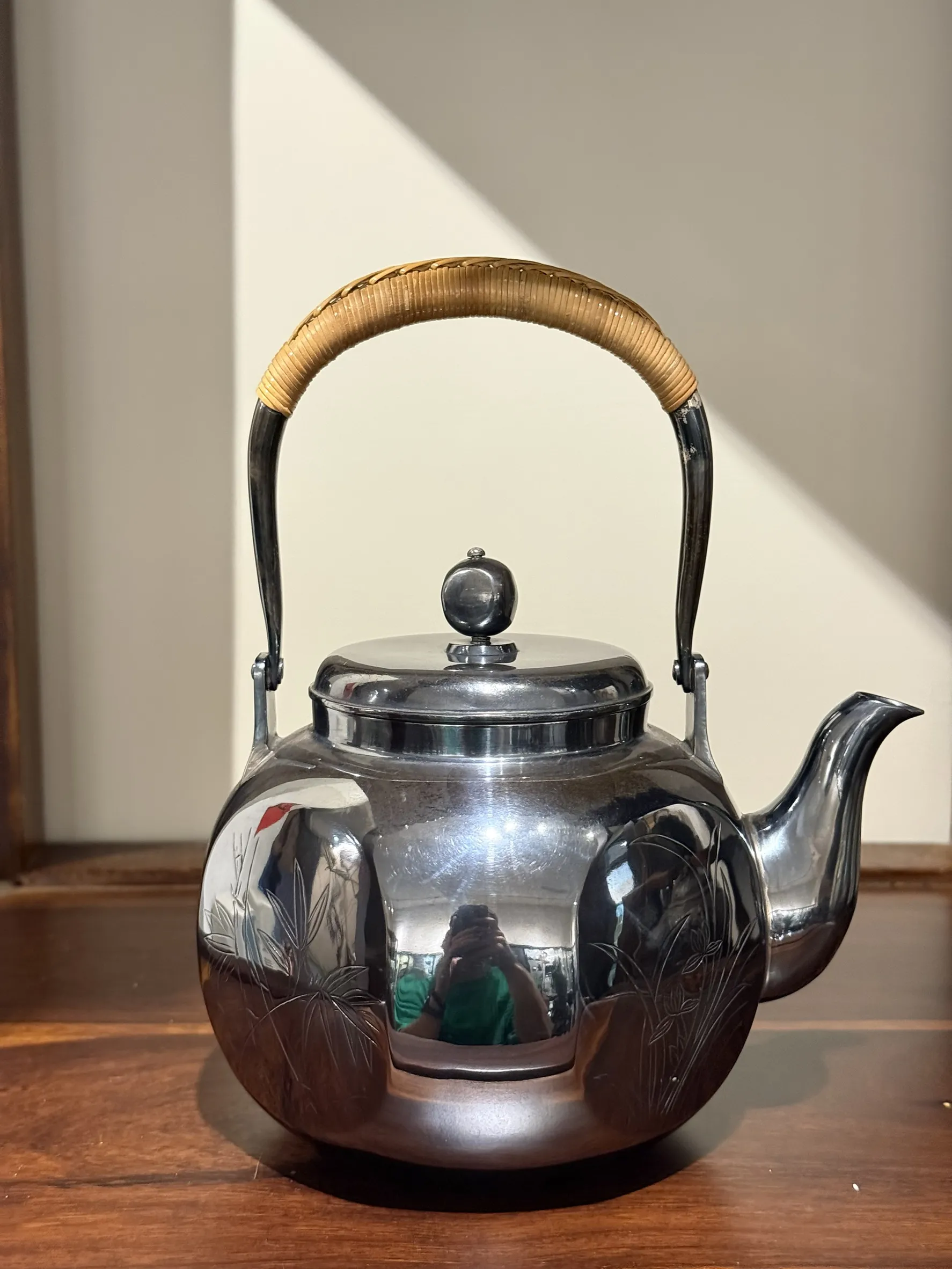 大正時期 長治齋作 八角形雕花純銀湯沸