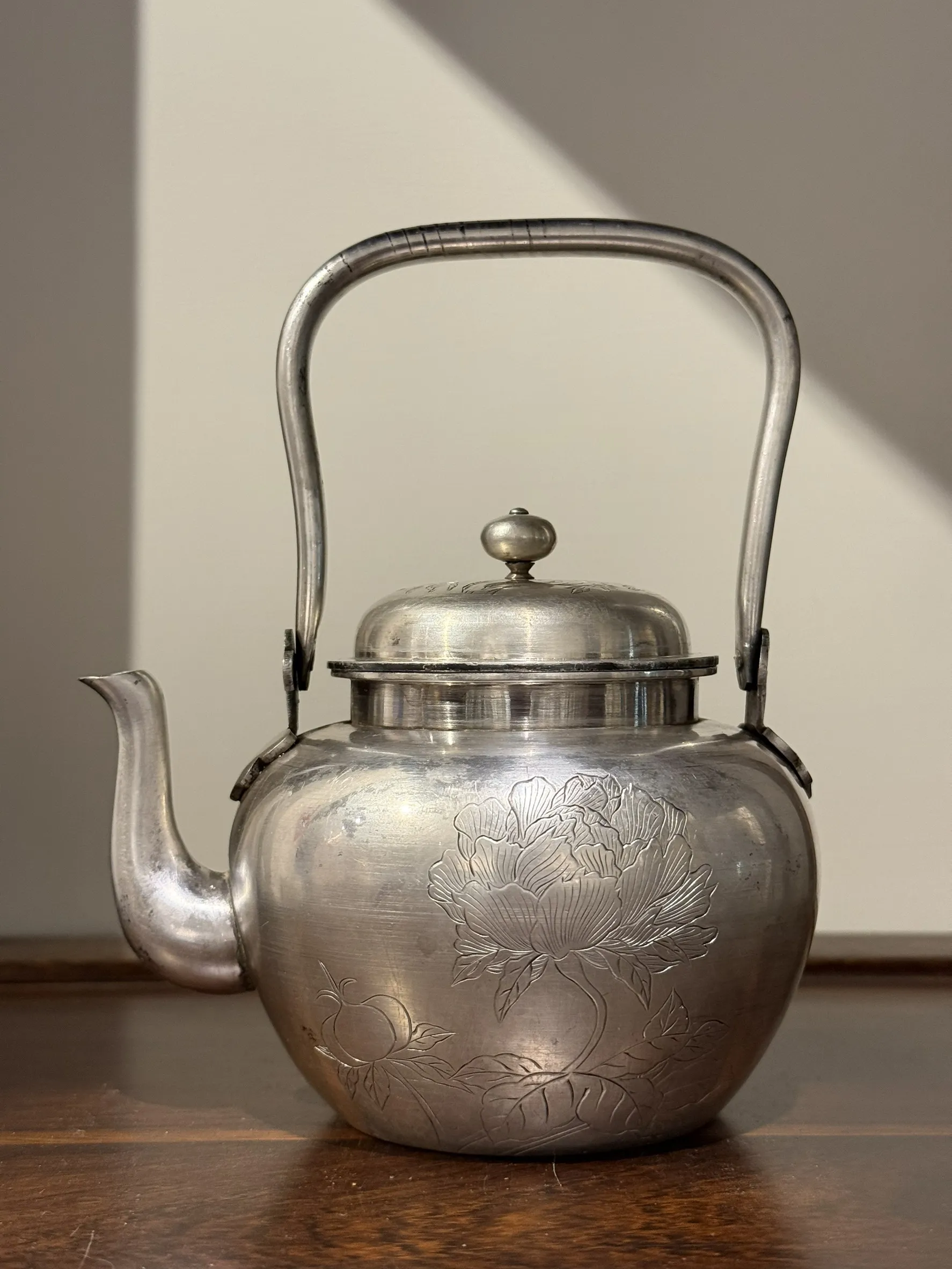 明治時期 花草彫純銀小湯沸