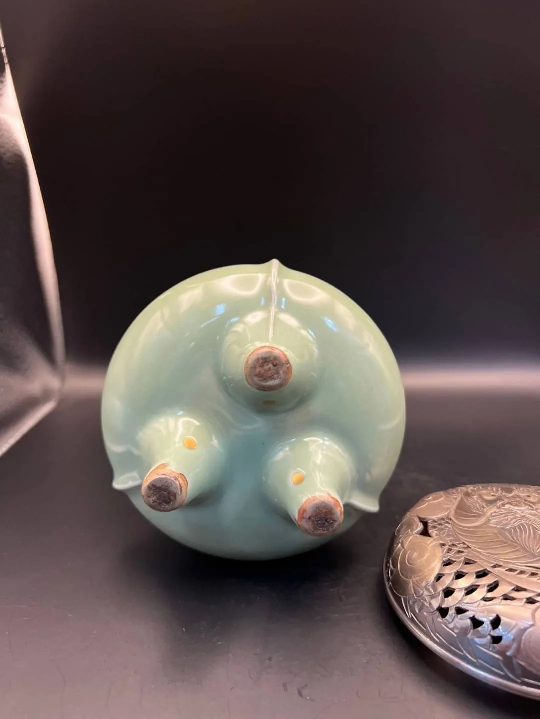 日本製老件 南宋風格 瓷 純銀龍彫 鎏金眼香爐