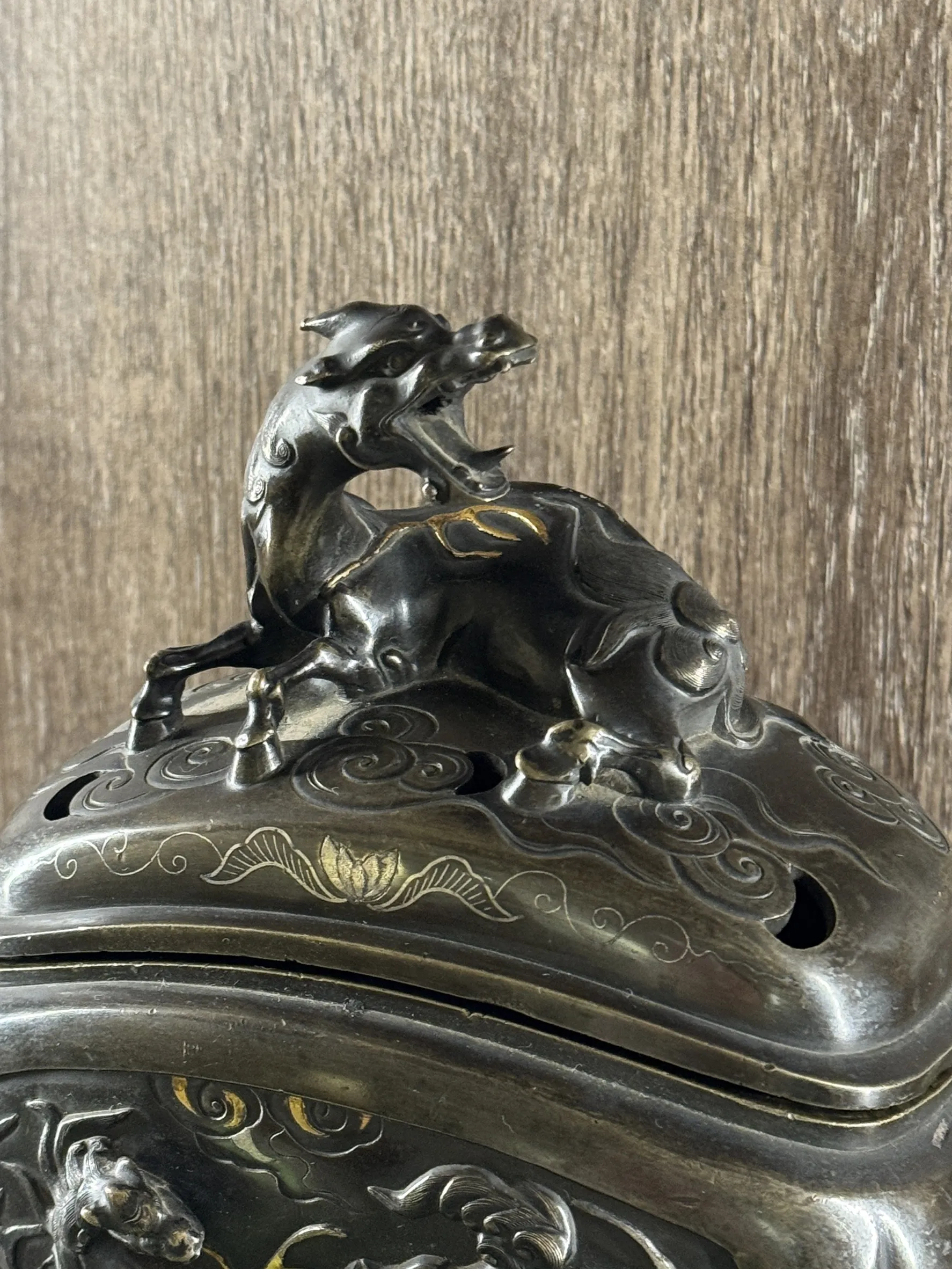 明治時期 銅製象嵌龍虎香爐