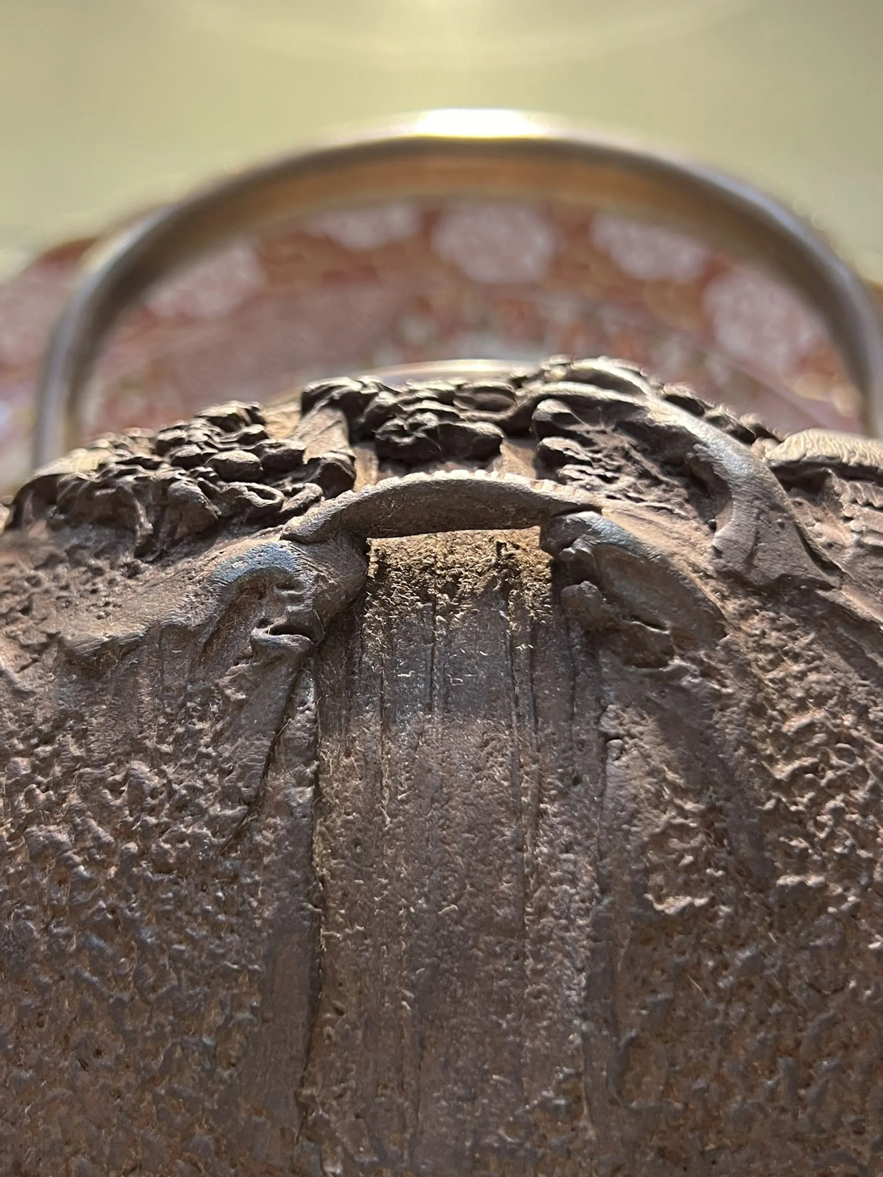 龜文堂造 鎏金銀月夜山景樓閣瀑布 老鐵瓶