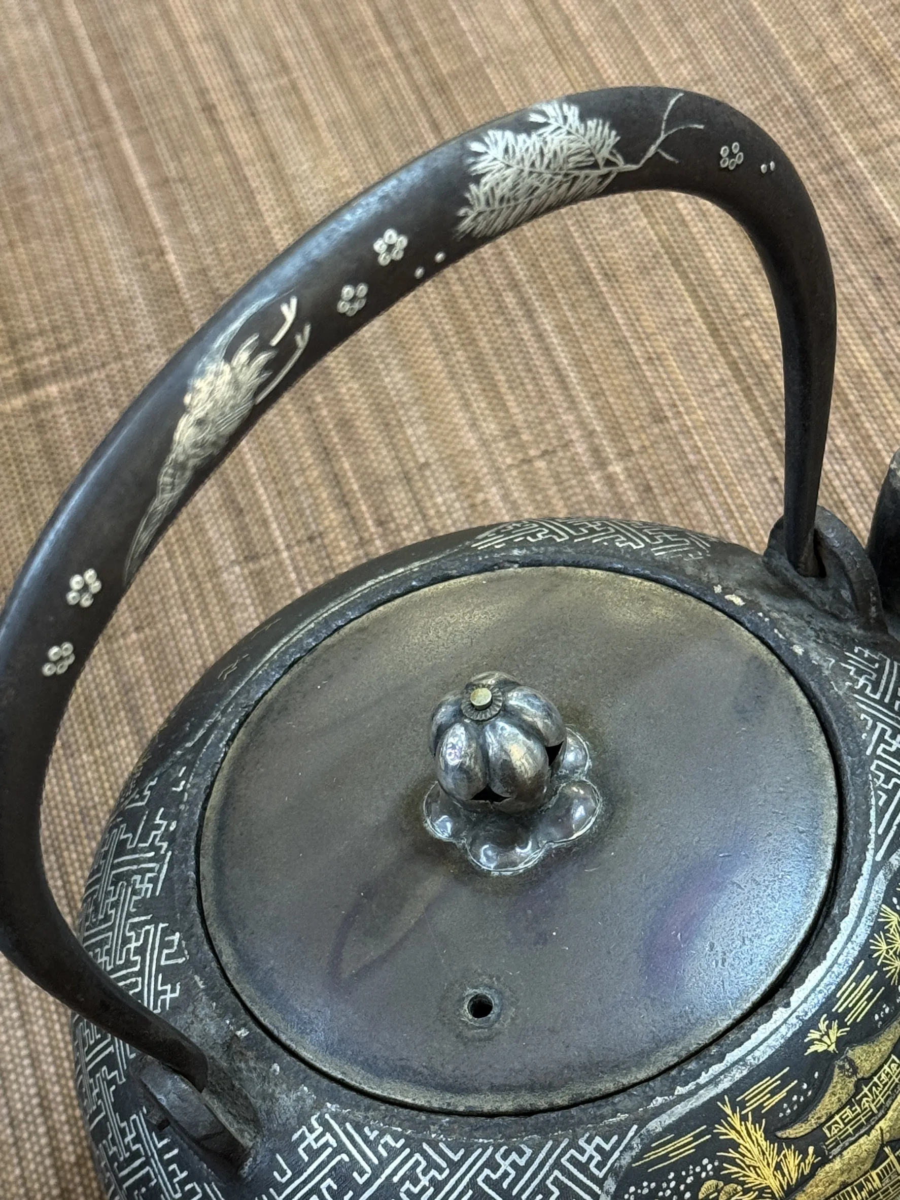 金壽堂 丸形清水寺金閣寺 金銀象嵌老鐵瓶