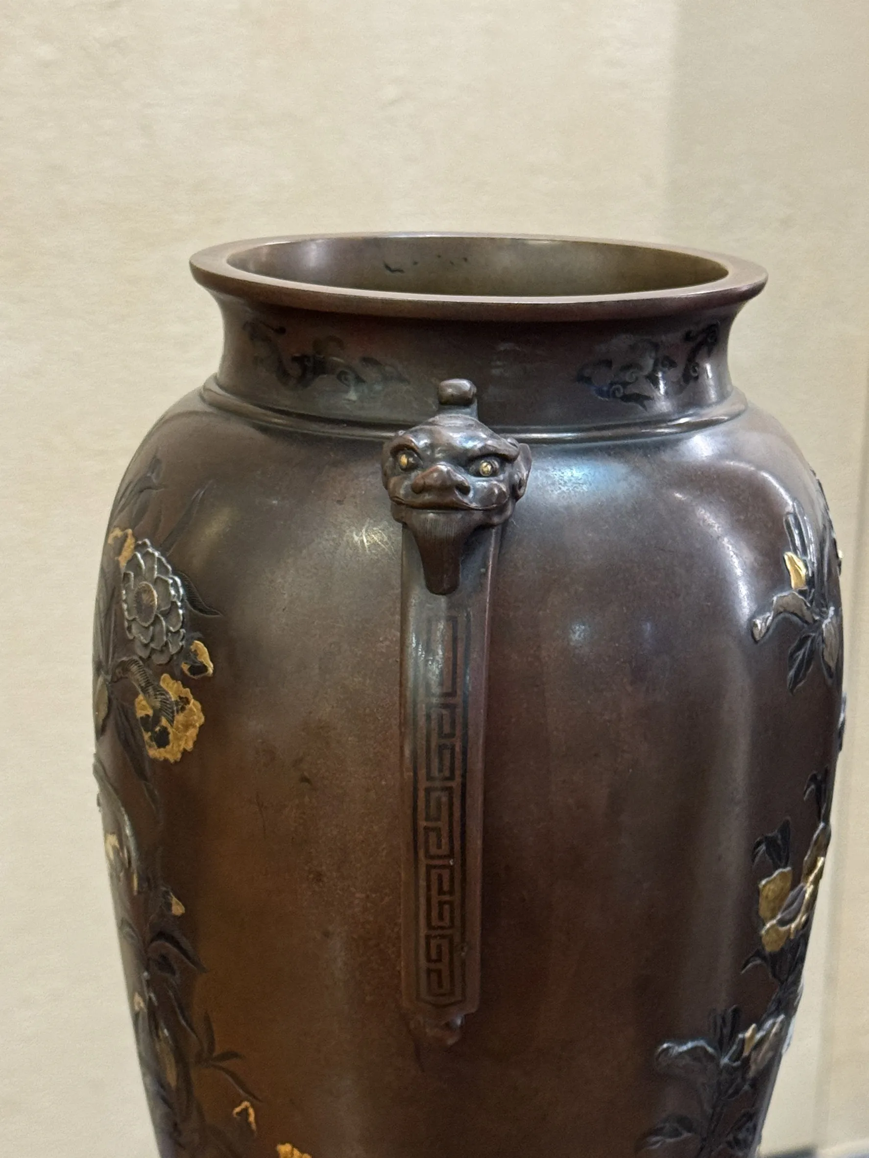 明治時期 銅製金銀象嵌花鳥耳付花瓶