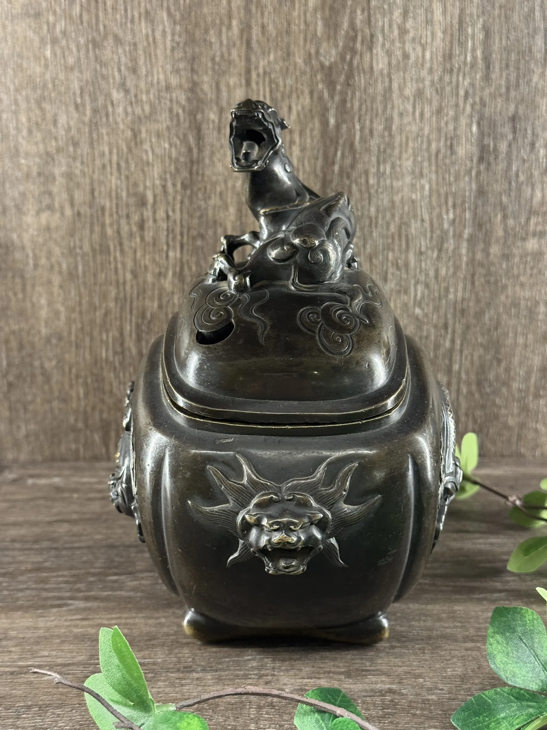 明治時期 銅製象嵌龍虎香爐