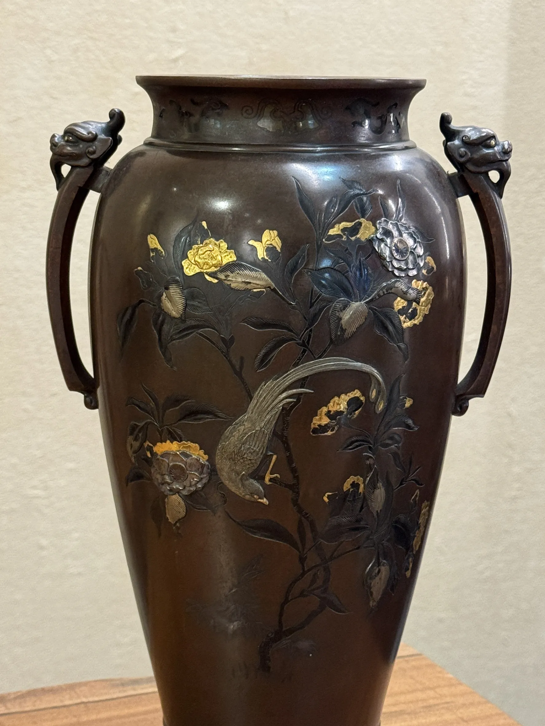 明治時期 銅製金銀象嵌花鳥耳付花瓶