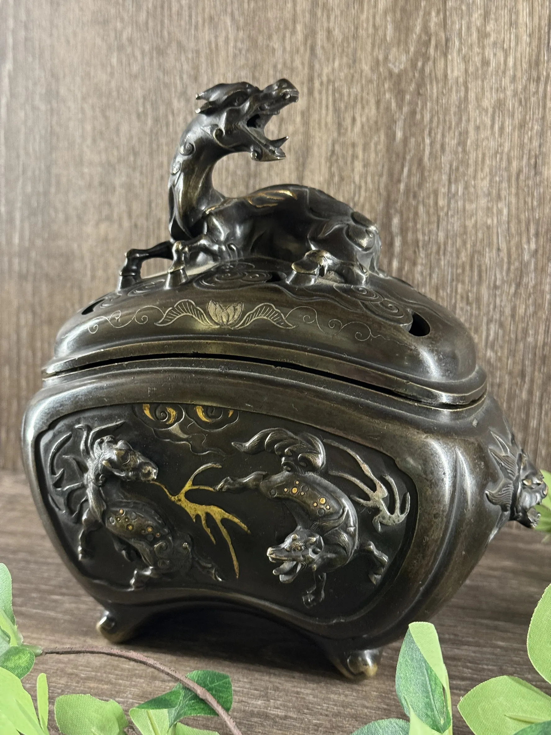 明治時期 銅製象嵌龍虎香爐