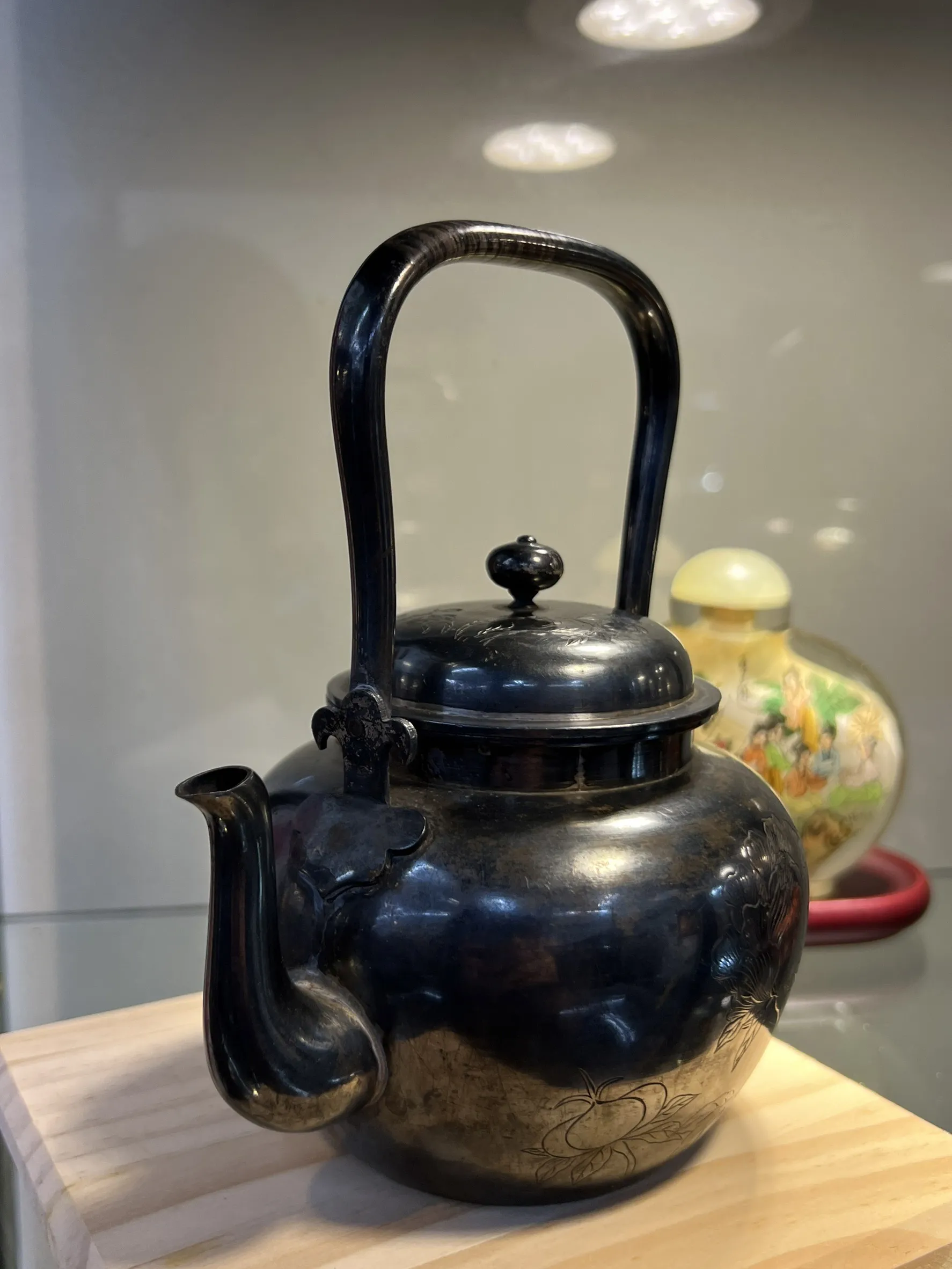 明治時期 花草彫純銀小湯沸