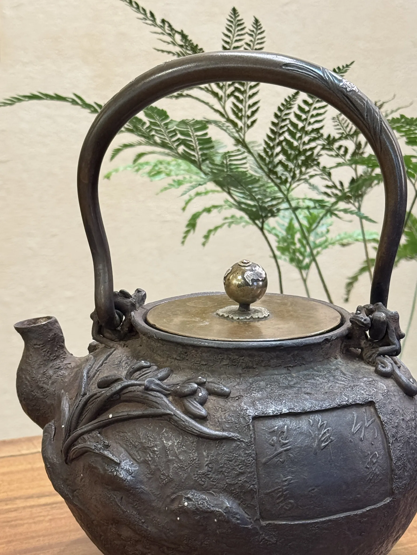 龜文堂拙家款 銀象嵌蘭蟹老鐵瓶