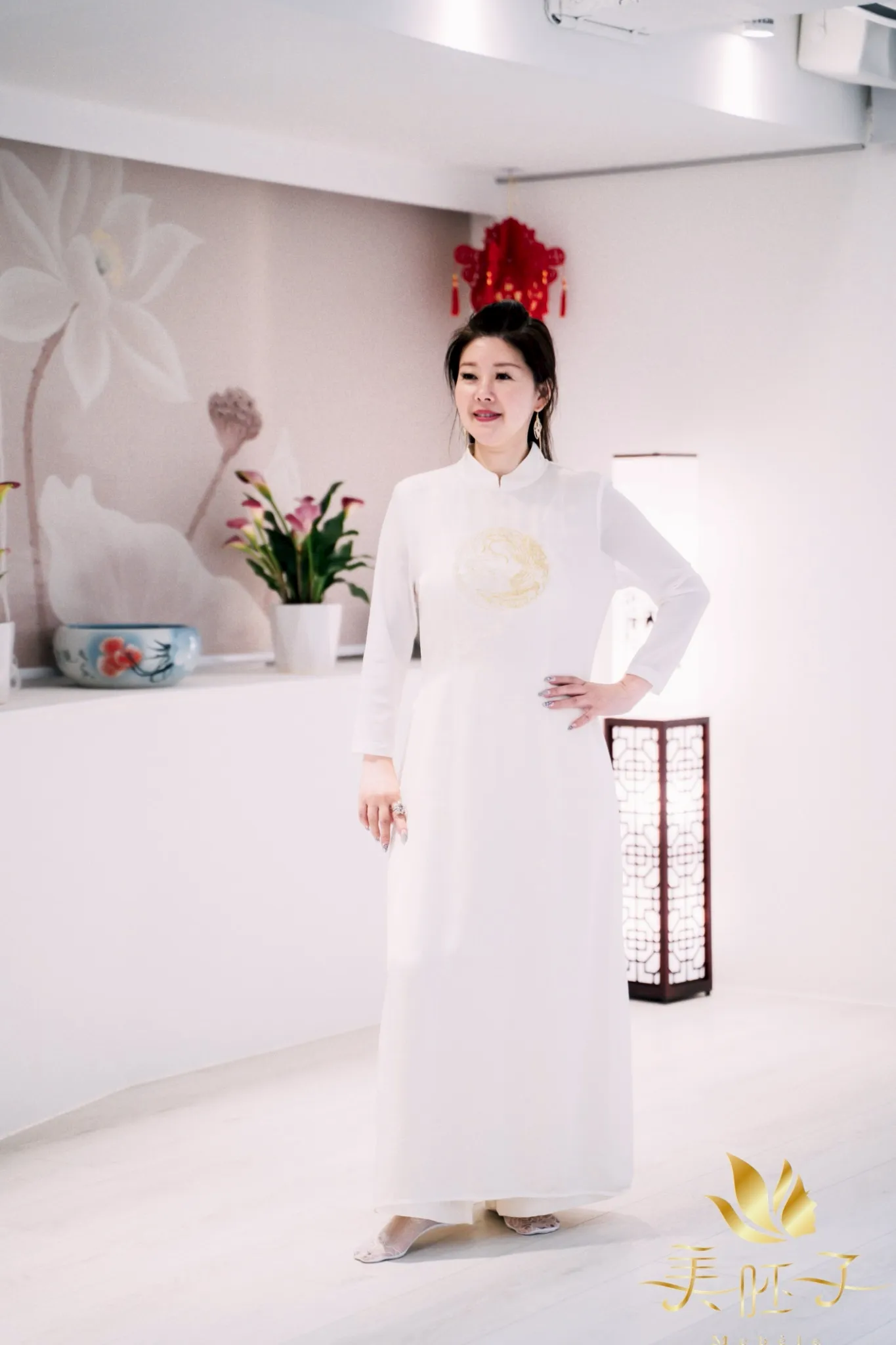 奧黛提花新中式服套裝 -杏色