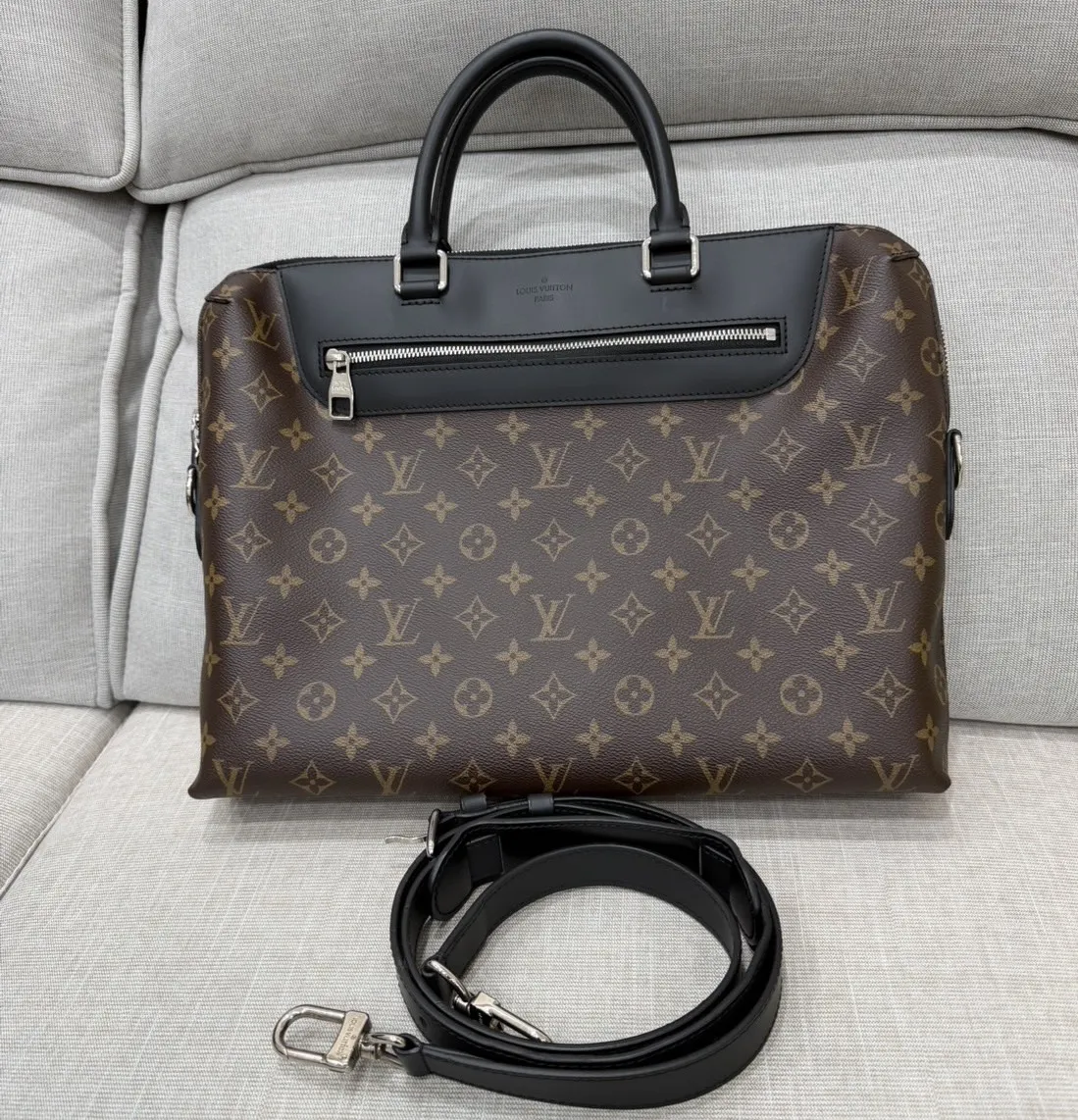 LV 棕色 老花帆布 黑色牛皮 公事包 晶片款