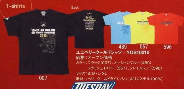 Yonex 2010全英百週年紀念T恤100th 顏色：藍、黑、紅