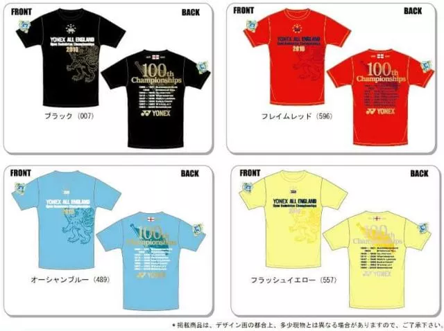Yonex 2010全英百週年紀念T恤100th 顏色：藍、黑、紅