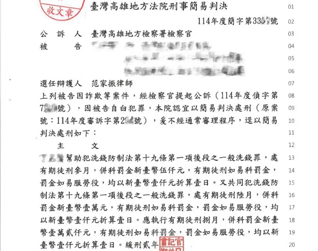 當事人因詐欺案件，委任本所范家振律師，獲緩刑