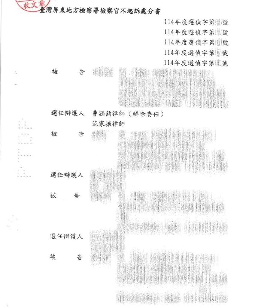 當事人因個人資料保護法第41條非法利用個人資料、刑法第216條、第210條之行使偽造私文書、公職人員選舉罷免法第98條之2利用他人個人資料偽造提議等案件，委任本所范家振律師，獲不起訴處分