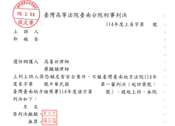 當事人因恐嚇危害安全案件，委任本所高峯祈律師、廖顯頡律師，獲無罪