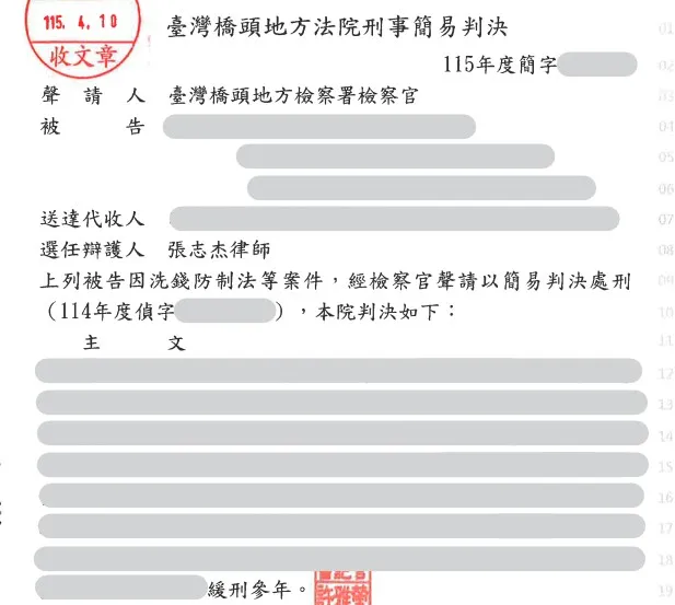 當事人因洗錢等案件，委任本所張志杰律師，獲緩刑