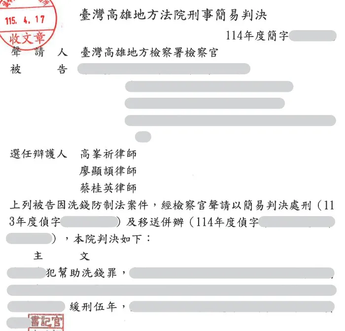 當事人因洗錢防制法案件，委任本所高峯祈律師、廖顯頡律師、蔡桂英律師，獲緩刑