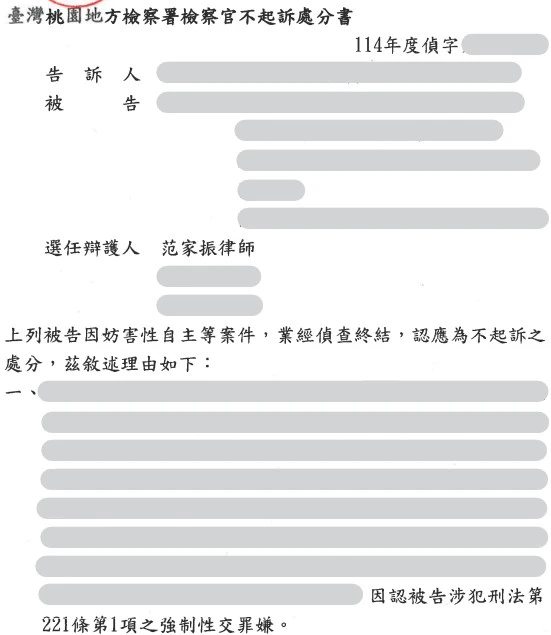 當事人因妨害性自主等案件，委任本所范家振律師，獲不起訴處分。