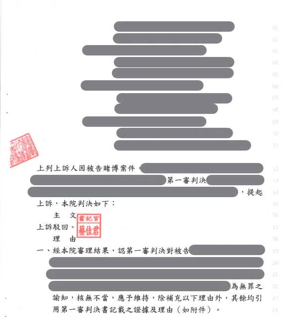 當事人因賭博案件，委任本所范家振律師，獲無罪。