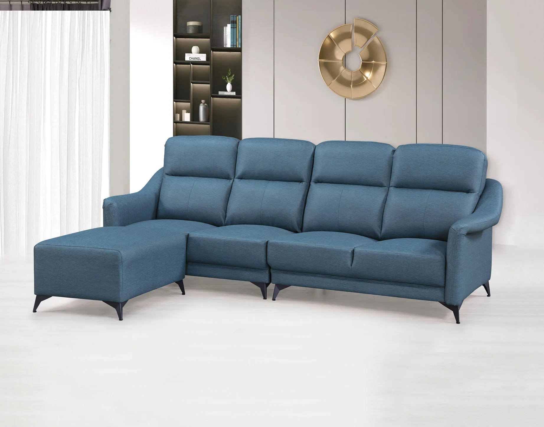 25藍色耐抓皮L型沙發