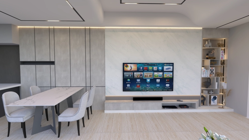 電視主牆採用大面積的白色大理石/薄板