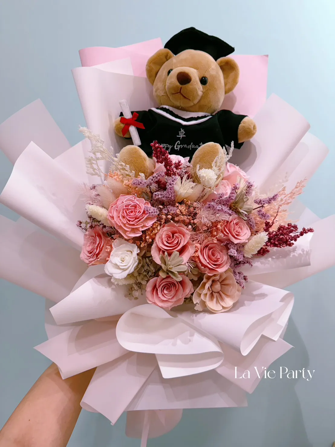 畢業永生花束(刺繡小熊)