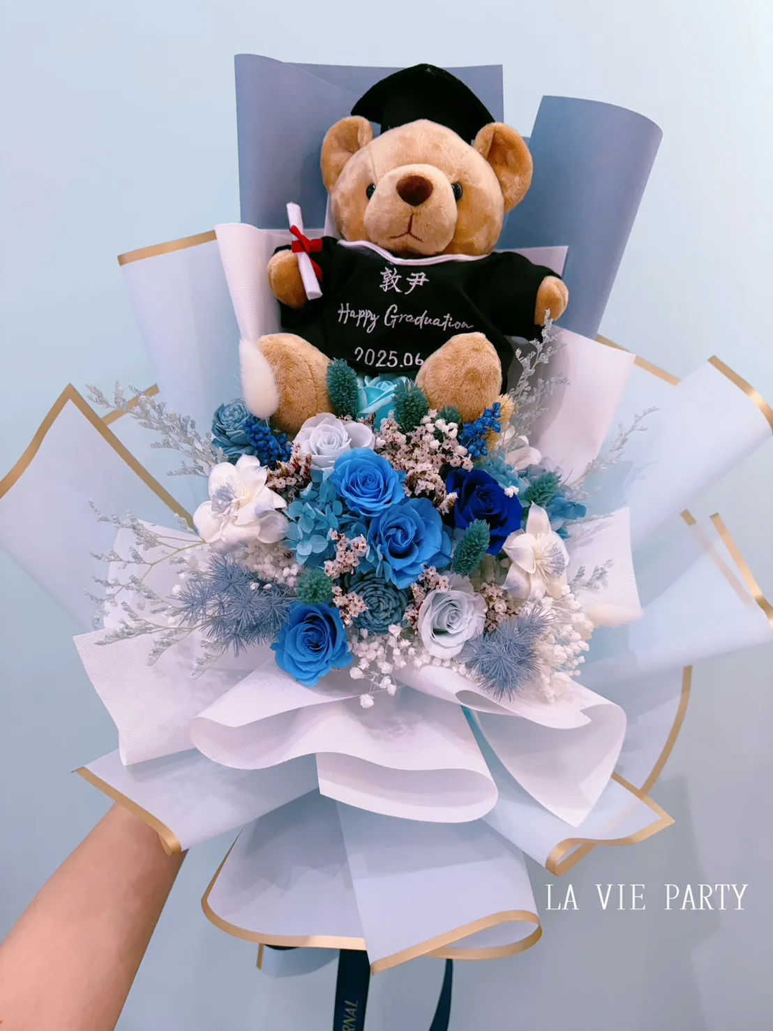 畢業永生花束(刺繡小熊)