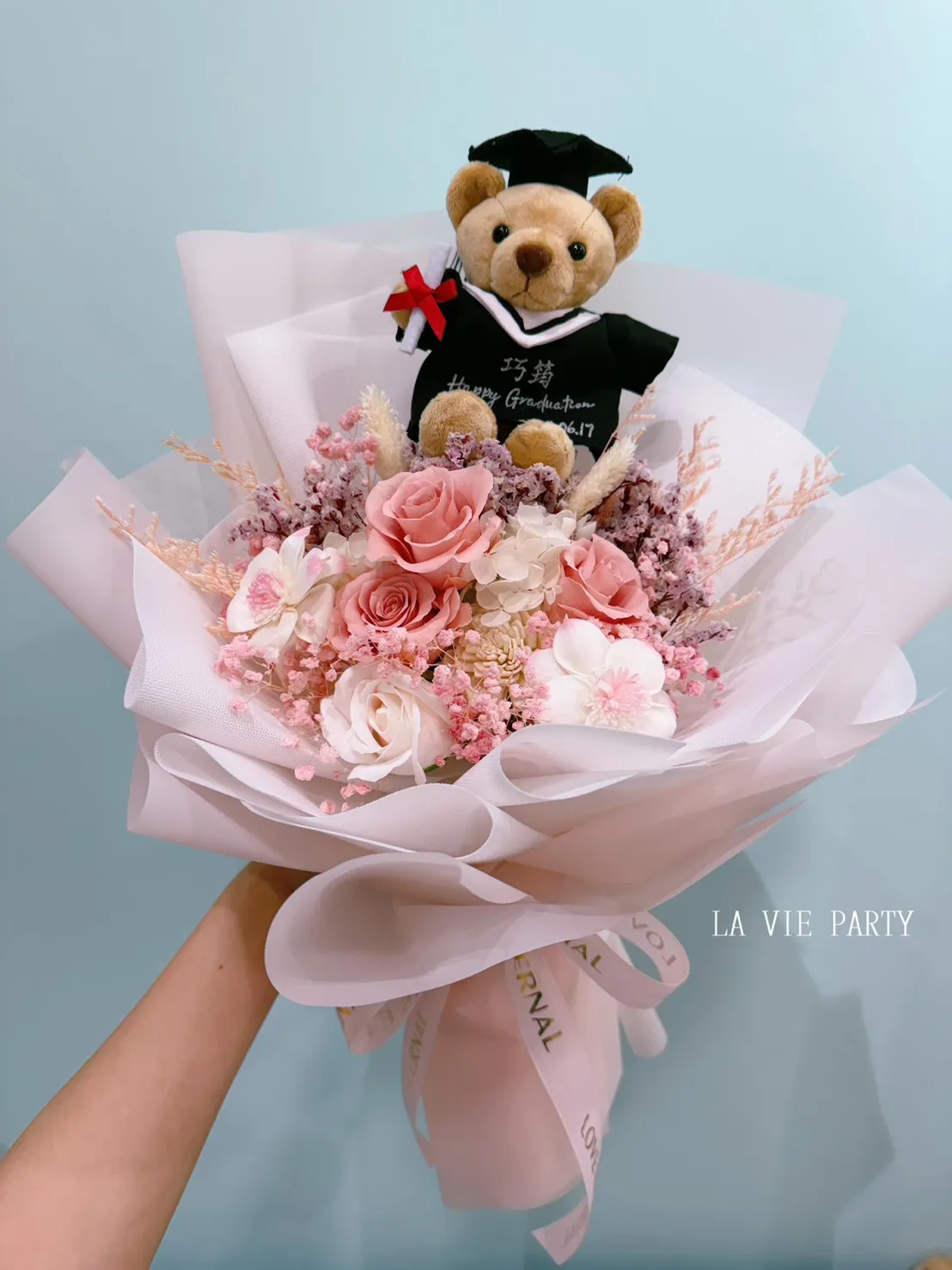 畢業永生花束(刺繡小熊)