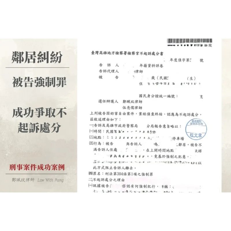 【刑事成功案例】單純鄰里爭執卻被提告強制罪？成功爭取不起訴