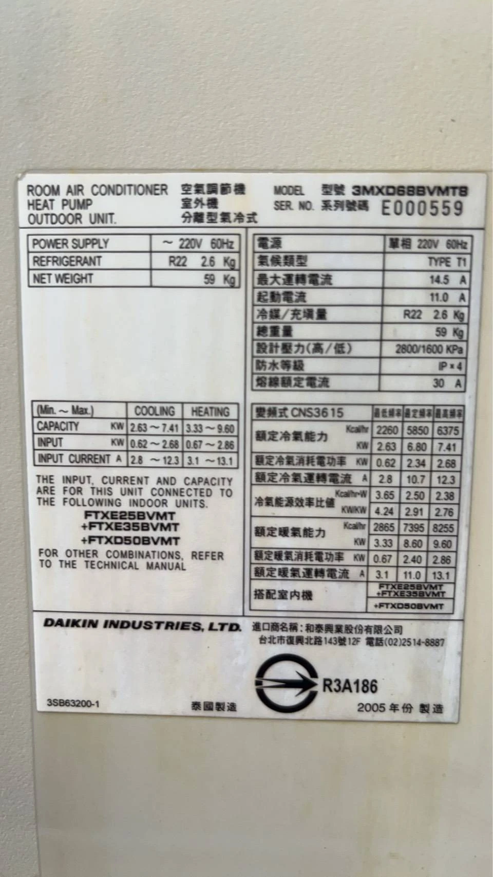 大金機型：3MXD68BVMT8代碼U4｜西屯台灣大道三段650巷｜西屯停產基板維修｜北屯區停產基板維修