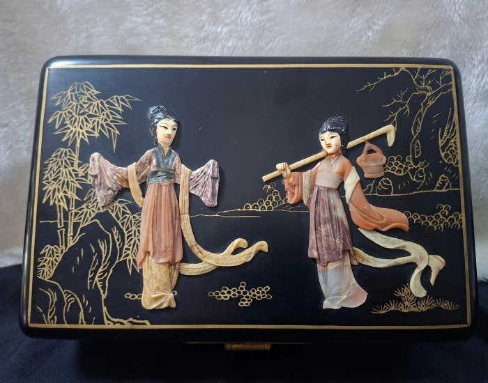 早期手工製作 亞洲漆器手飾珠寶盒   鑲嵌玉石貝類復古收藏