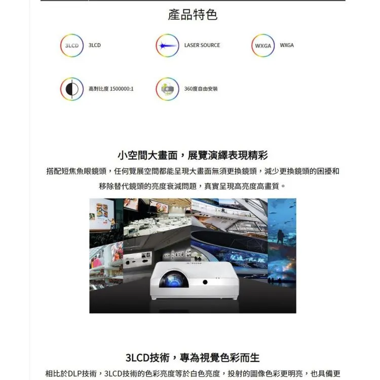 ROLY RL-S450W 雷射短焦投影機 WXGA ，4500流明 高亮度 -長效雷射光源，壽命長達20，000小時