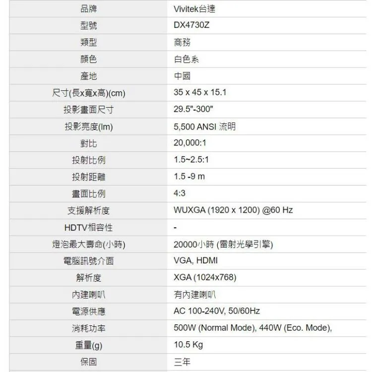 Vivitek DX4730Z 5500流明 XGA 工程投影機 原廠公司貨 三年保固