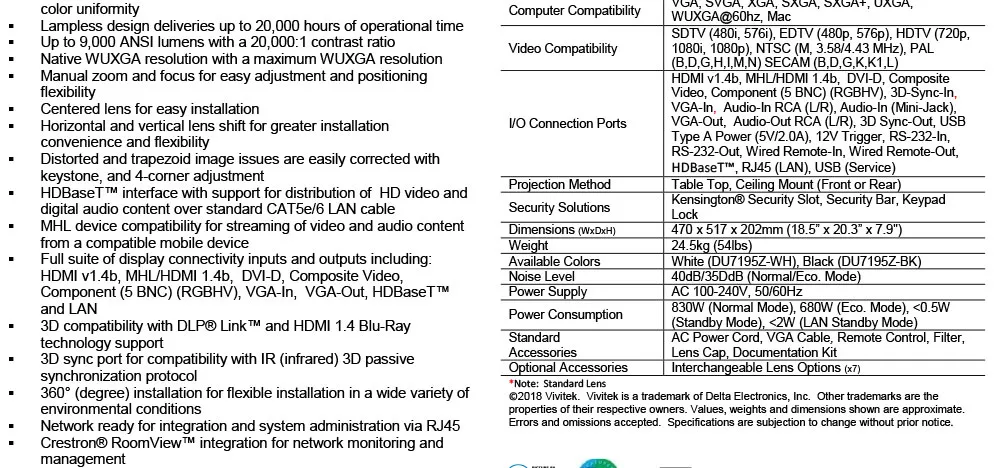 VIVITEK DU719EZAA 雷射專業工程投影機