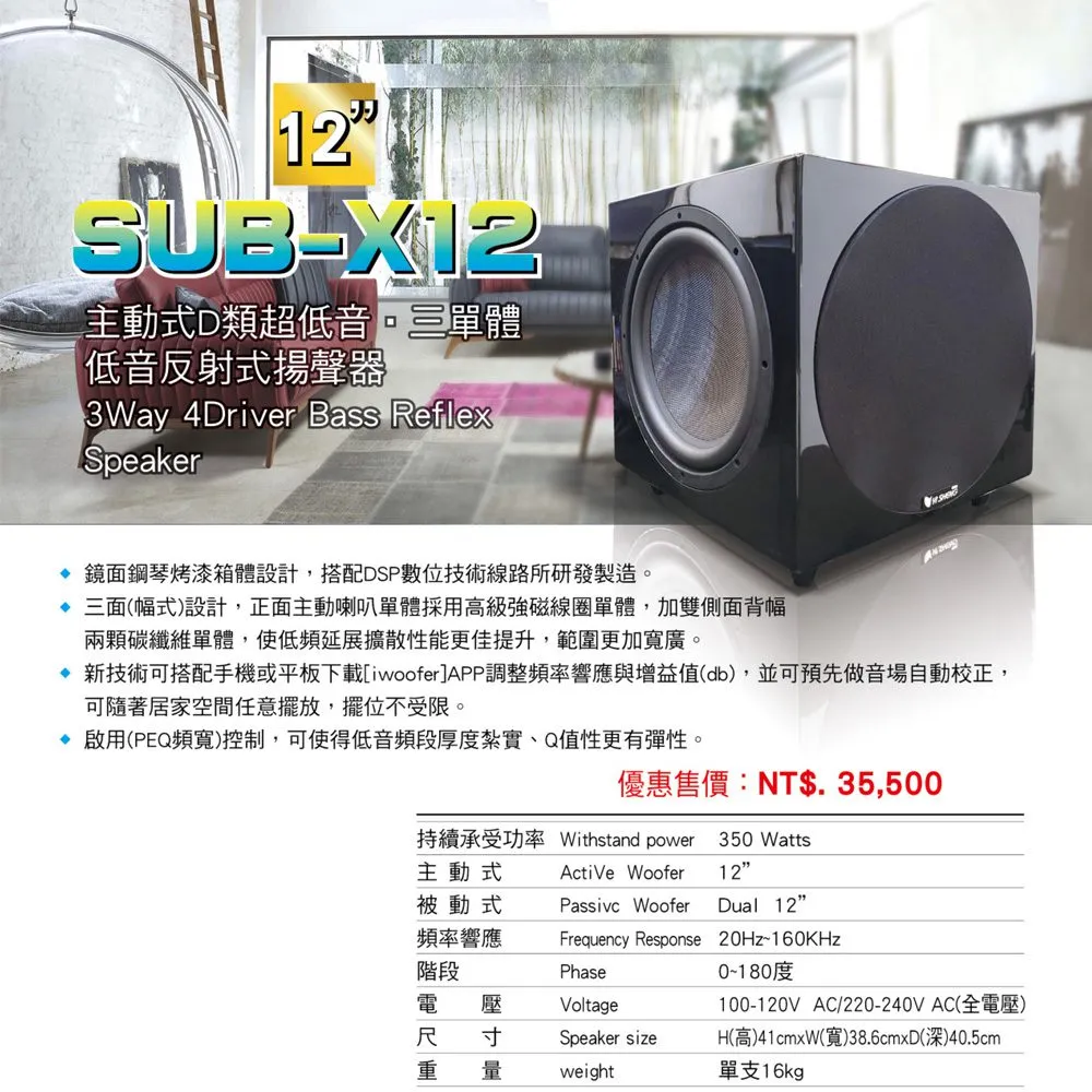 YI SHENG SUB-X12 主動式D類超低音 12吋低音反射設計 家庭劇院重低音喇叭