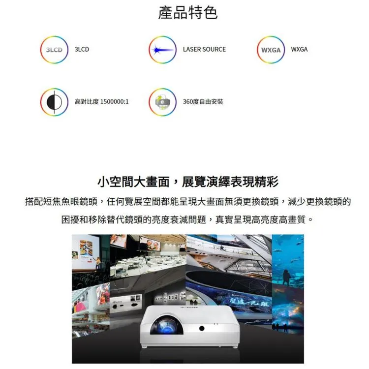 ROLY RL-S400W WXGA，3500流明 顛覆傳統雷射短焦投影機 小空間大畫面長效鐳射畫面