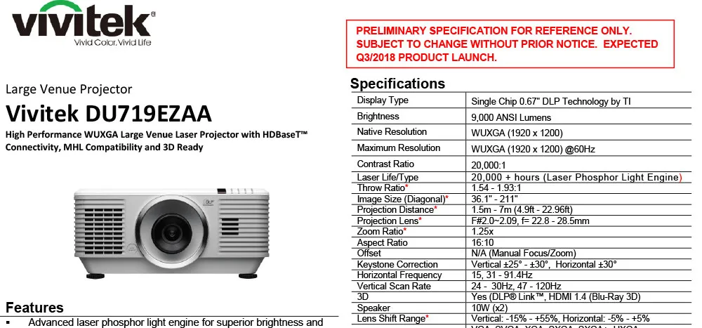 VIVITEK DU719EZAA 雷射專業工程投影機