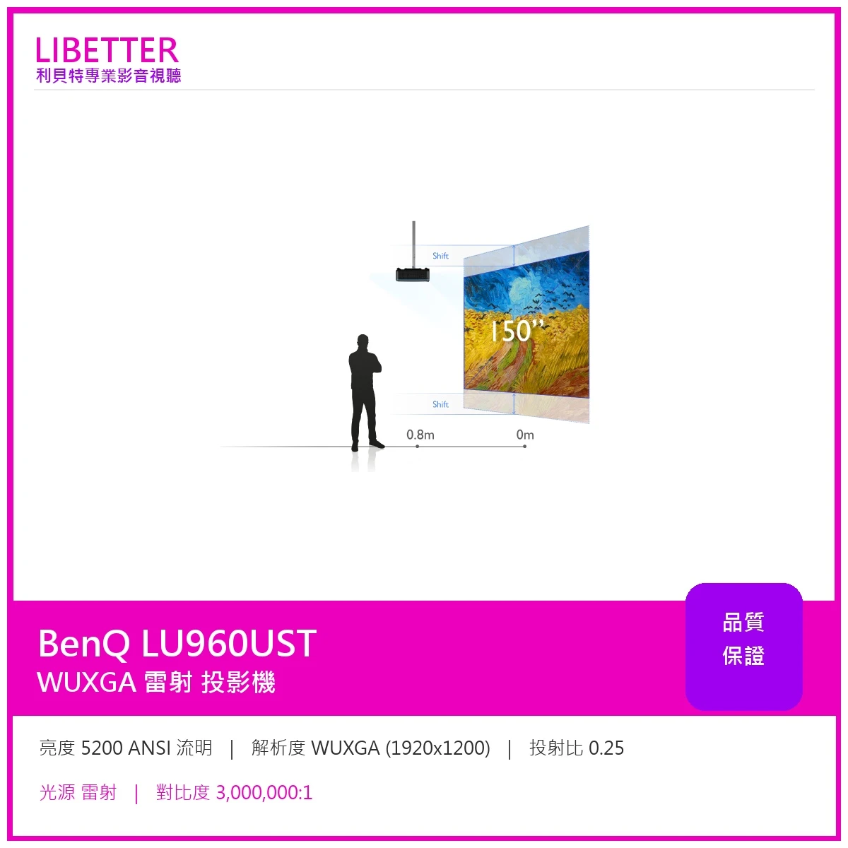 BenQ LU960UST WUXGA 5200流明 商用超短焦雷射投影機