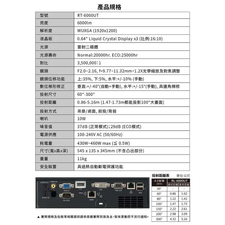 ROLY 樂麗 RL-6000UT [WUXGA，6000流明] 雷射短焦工程投影機 全封閉結構設計 完全隔絕灰塵