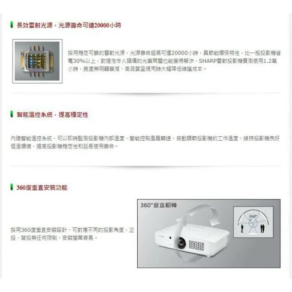 SHARP夏普 PG-CA60U WUXGA，6000流明 全封閉雷射投影機 無濾網設計 長效雷射光源 智能溫控系統