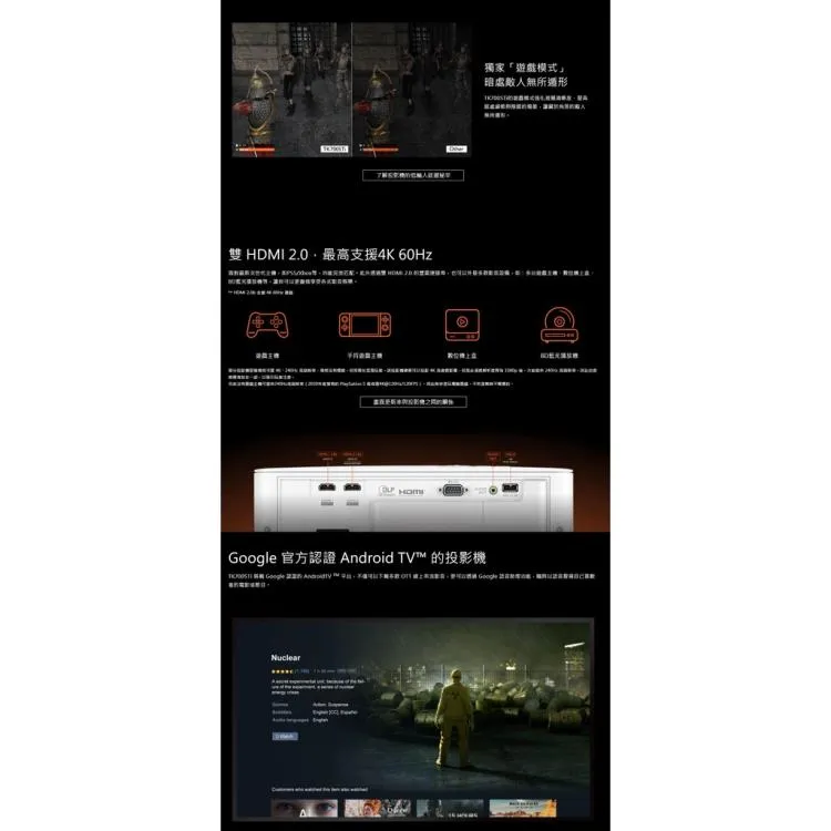 BENQ TK700STI 4K投影機 2米可打100吋 高更新率達240hz 3000流明 16ms延遲率