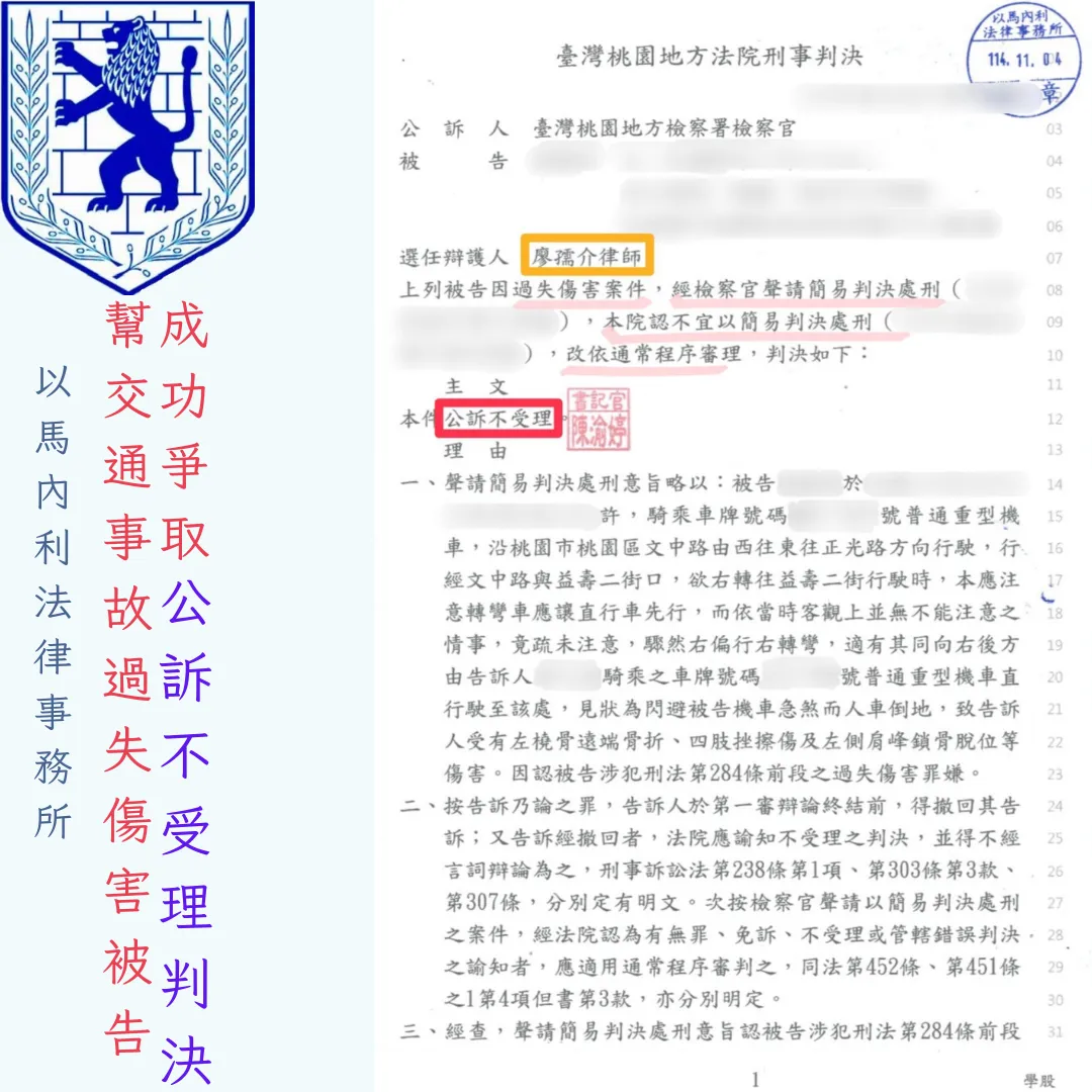 幫交通事故過失傷害被告，成功爭取公訴不受理判決