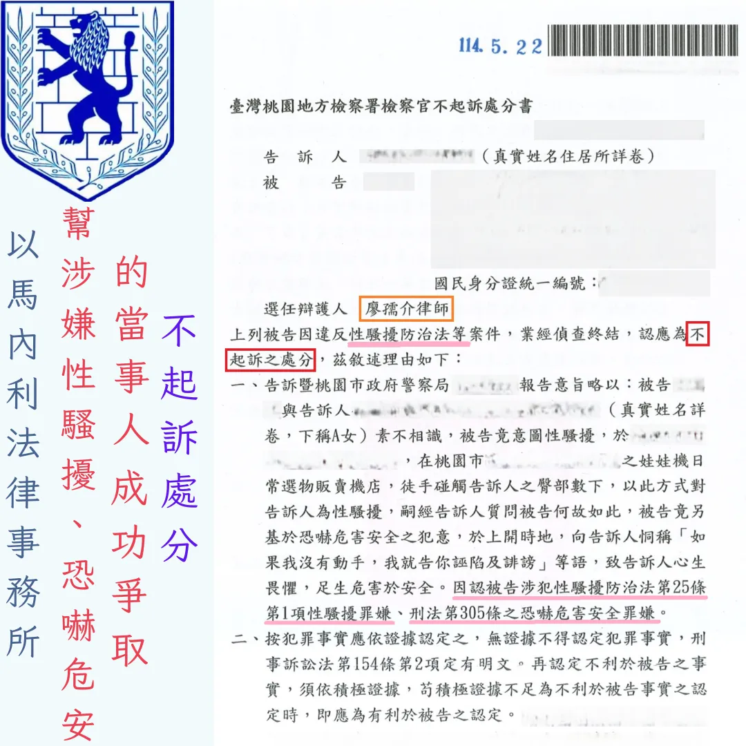 幫涉嫌性騷擾、恐嚇危安的當事人，成功爭取不起訴處分