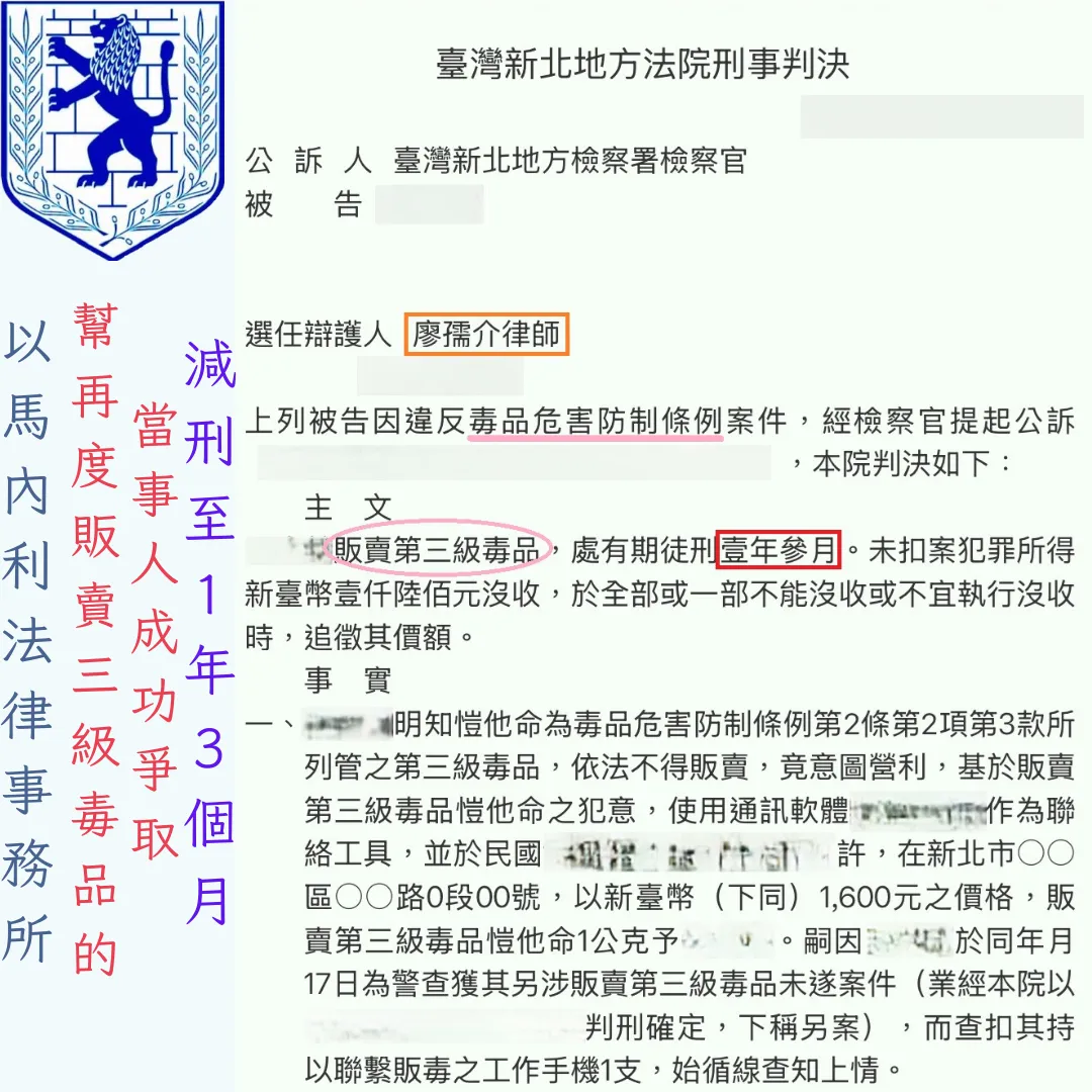 幫再度販賣三級毒品的當事人成功爭取減刑至1年3個月