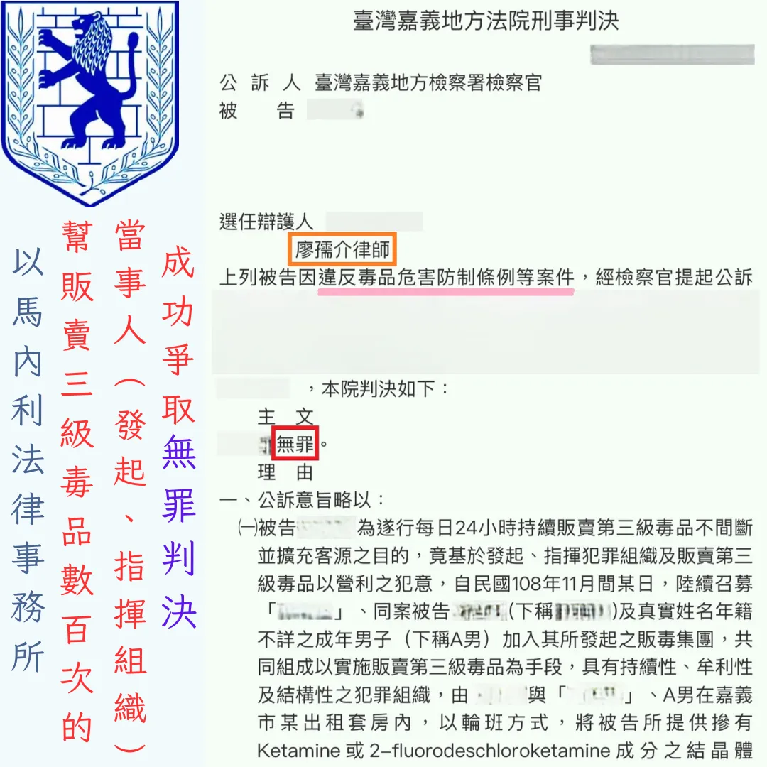 幫販賣第三級毒品數百次的當事人(發起、指揮組織)，成功爭取無罪判決