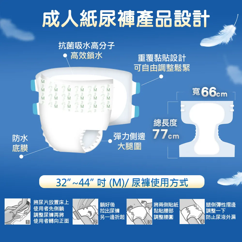 【勤達】黏貼型成人紙尿褲(M~L)-20片/包-PM004 (O型導流層、臀部加寬)