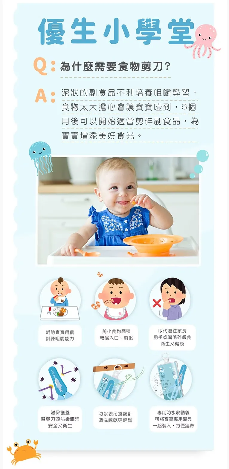 優生 雙鋸齒快速食物剪刀-鯊魚(附收納袋)